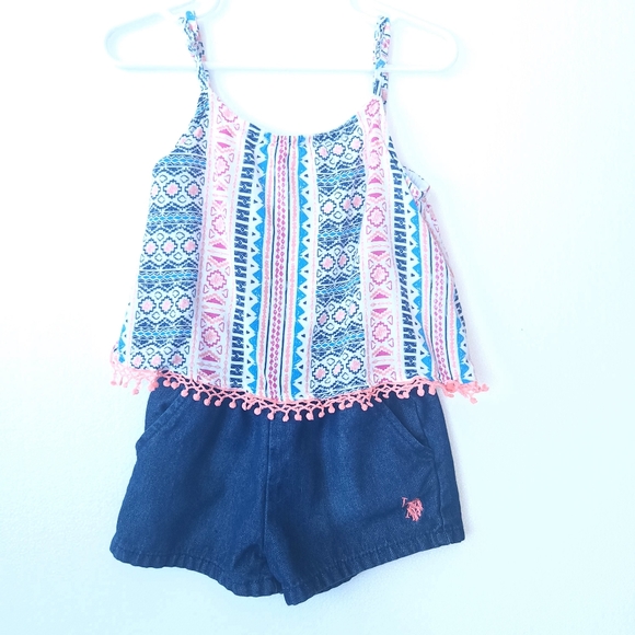 Girls U.S. Polo Assoc Romper-Denim Shorts & Southwest Print Sleeveless Top 3T - Picture 2 of 12